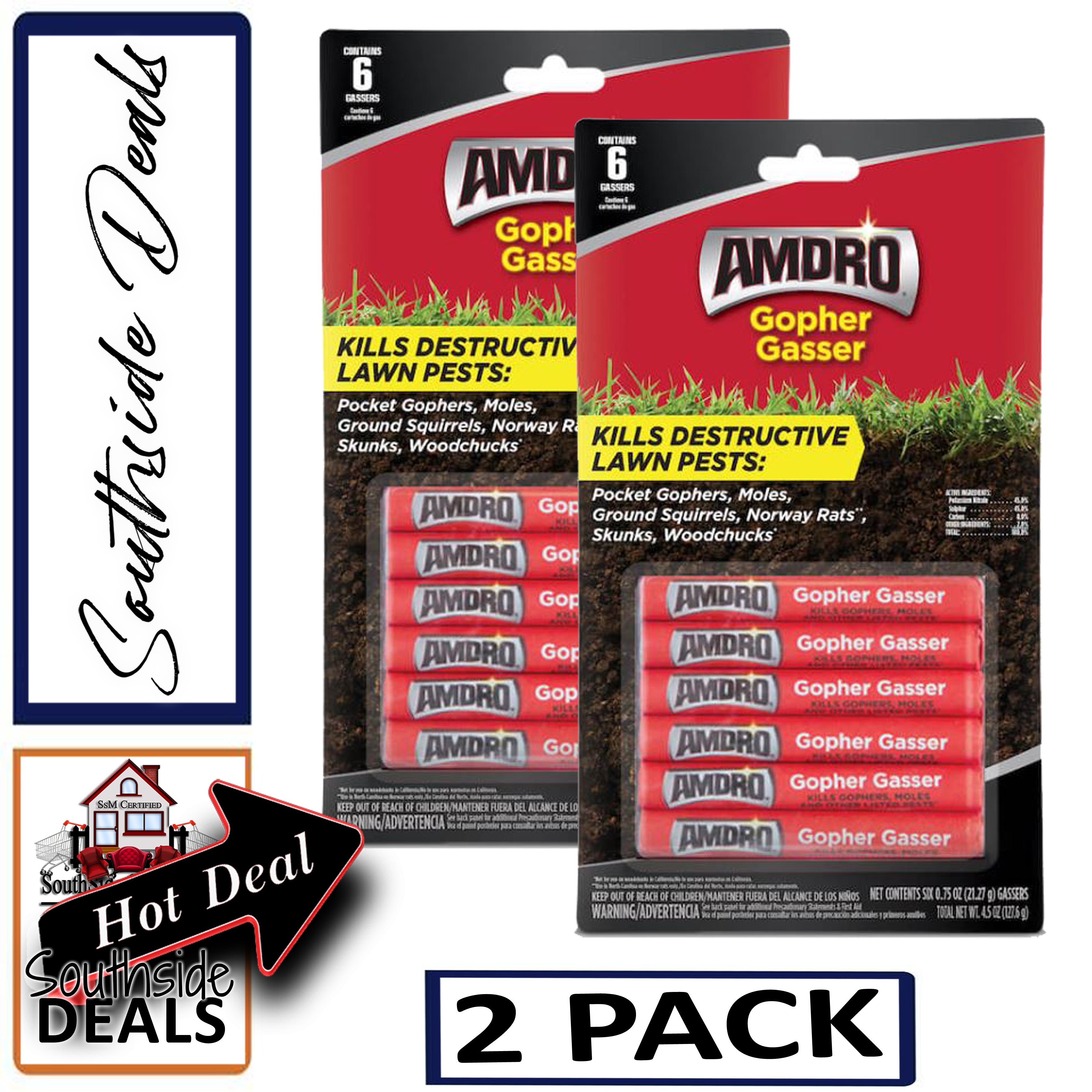 Amdro Gopher Gassers Kills Gophers Moles Rats Woodchucks Skunks Multi Packs of - 6 Gassers