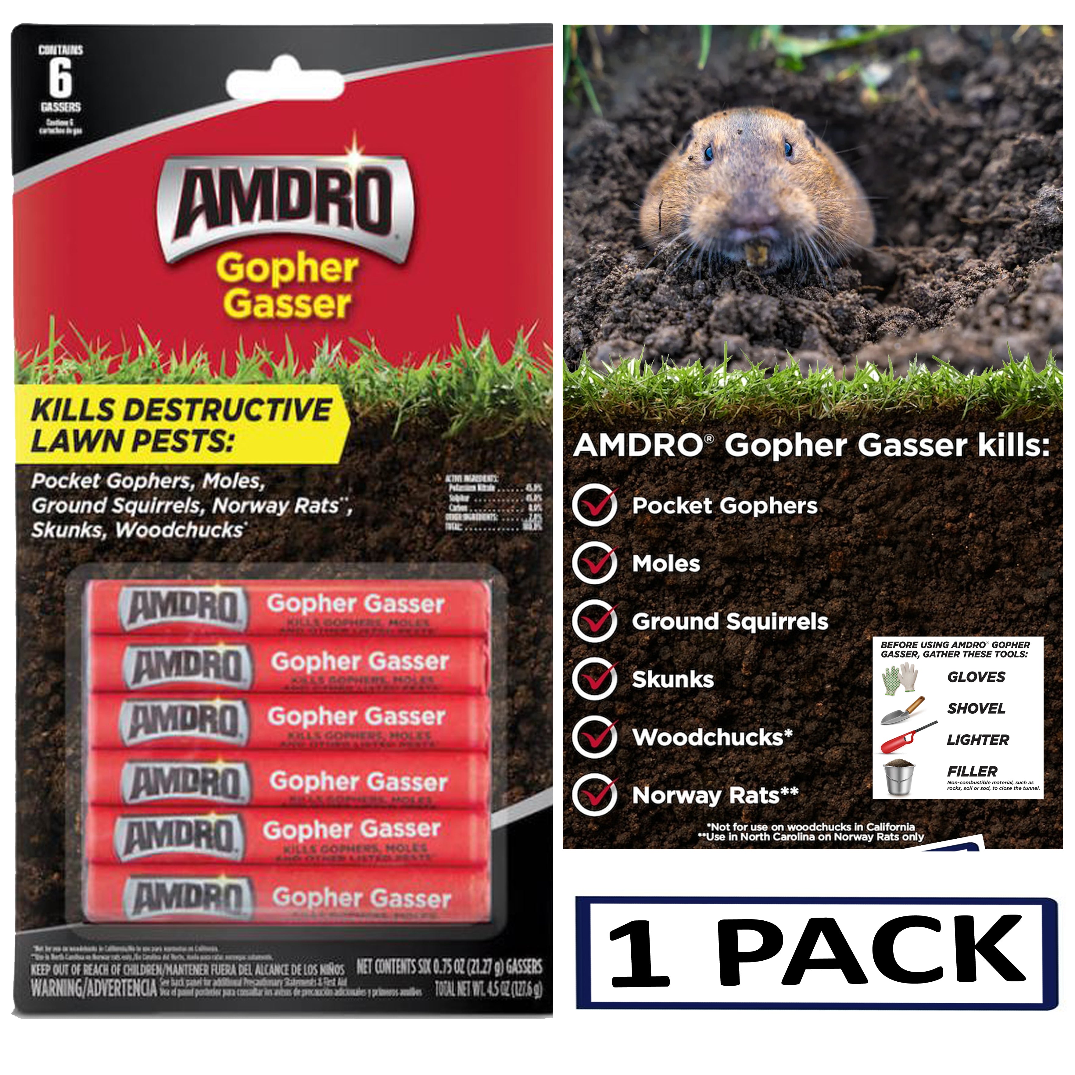 Amdro Gopher Gassers Kills Gophers Moles Rats Woodchucks Skunks Multi Packs of - 6 Gassers